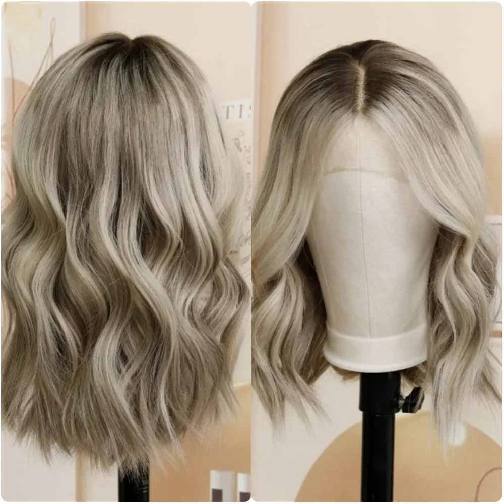 100 Human Hair Ash Blonde Highlight Brown Ombre Wigs Transparent 13X4 Lace Front Wig Natural Wave Wigs Brazilian Remy Hair Wigs