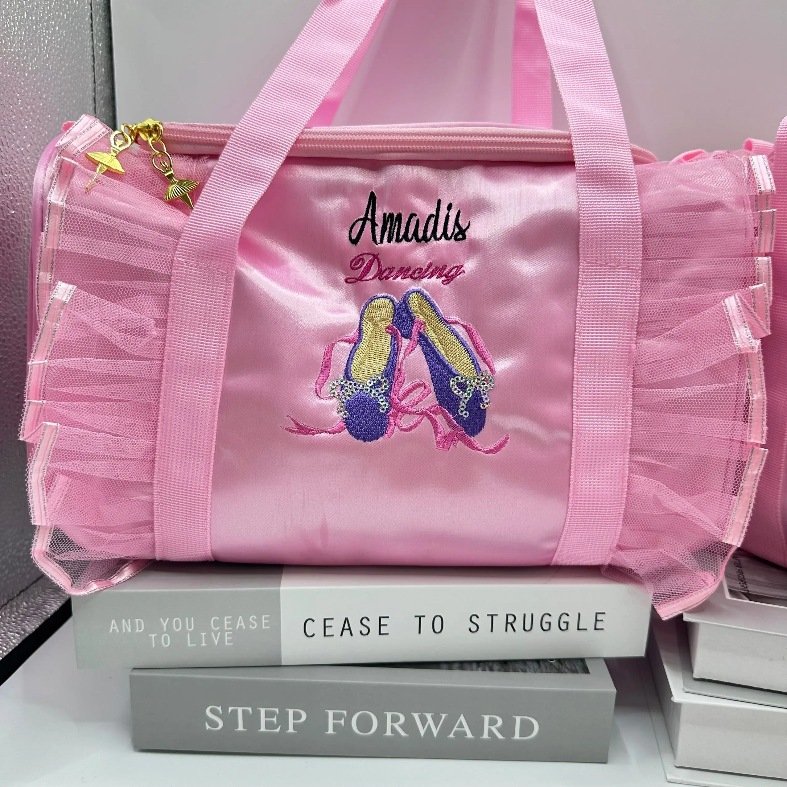 Personalized Kids Dance Bag for Girls Ballerina Bag Pink Lace Duffel for Ballet Class Crossbody Name Embroidery Ballet Handbag