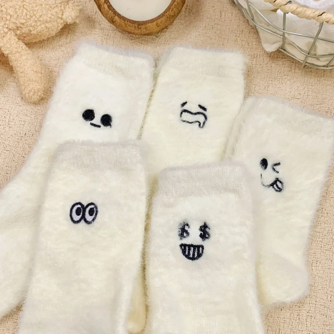 5 Paar Damensocken aus Wolle, Herbst und Winter, warm, Schnee, Markronfarbe, dick, Plüsch, haarig, weich, nach der Geburt, Strümpfe, Bodenschlafsocken