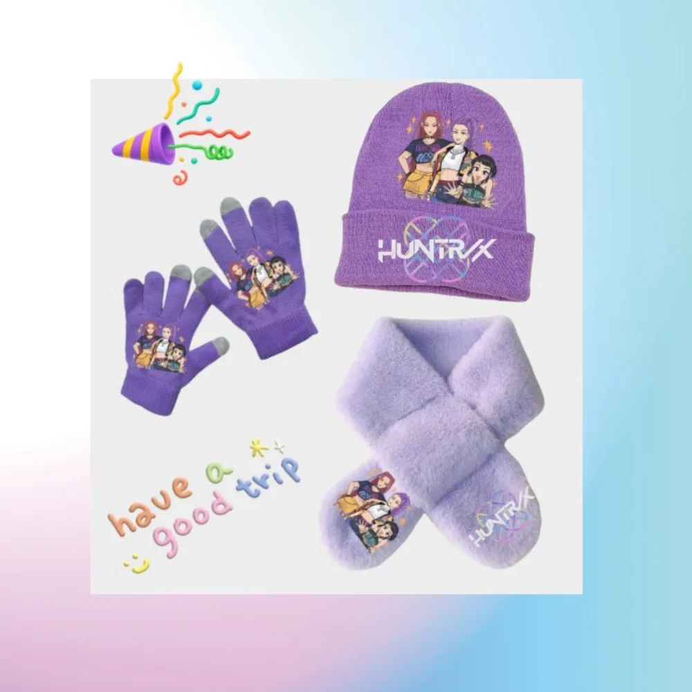 3개 세트 K-팝 어린이 소녀용 따뜻한 니트 데몬 세트 패션 모자 스카프 장갑 겨울용 캐주얼 생일 선물 액세서리