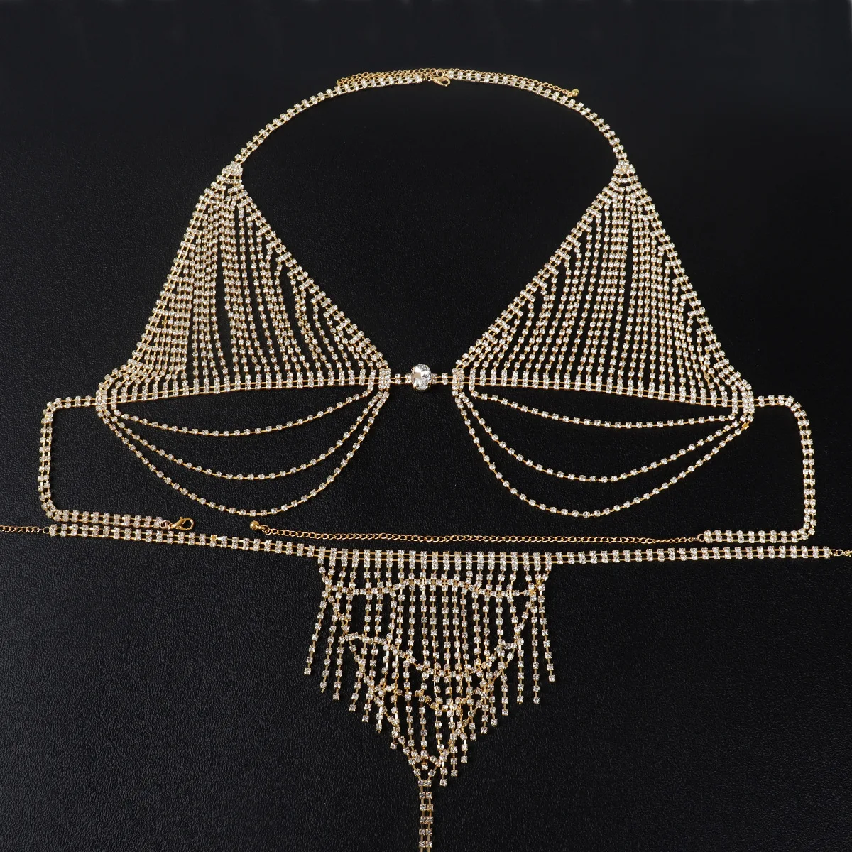 Fashionable Tassels Sexy Rhinestone Bras Underpants Two Piece Set Women's Nightclub Body Chain