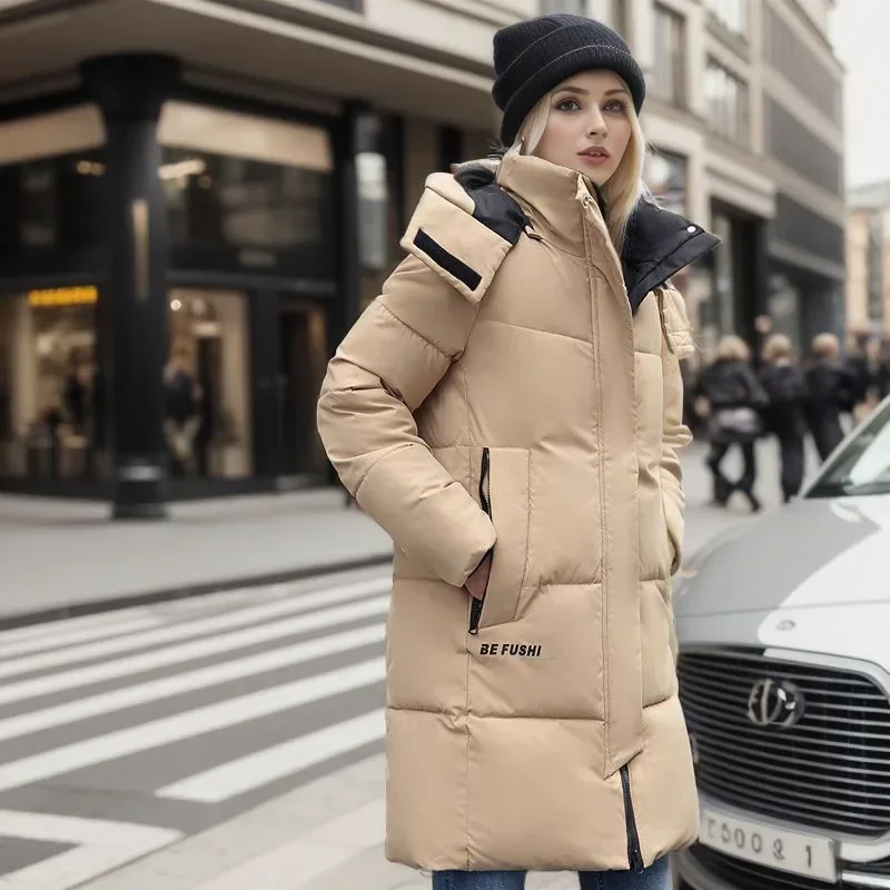 Chaqueta larga de plumón de algodón para mujer, Parka con capucha cálida y lisa con cremallera, abrigo holgado informal de gran tamaño para la