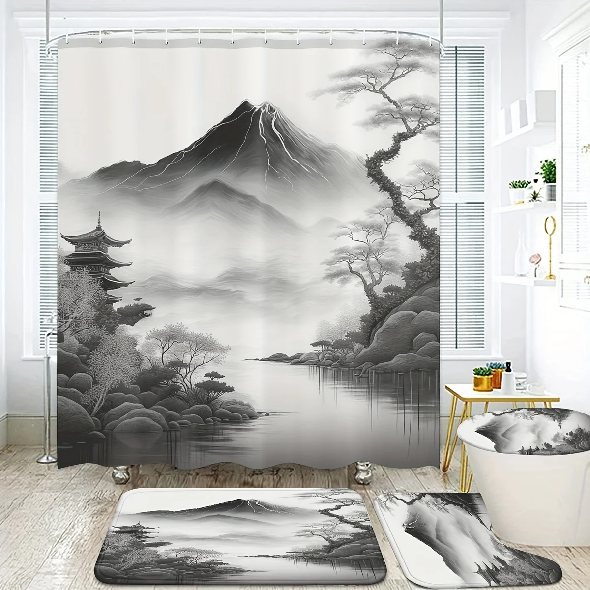 4pc Zen-inspired landscape art patterns, including U-shaped mats, shower curtains, rugs, and toilet seats.