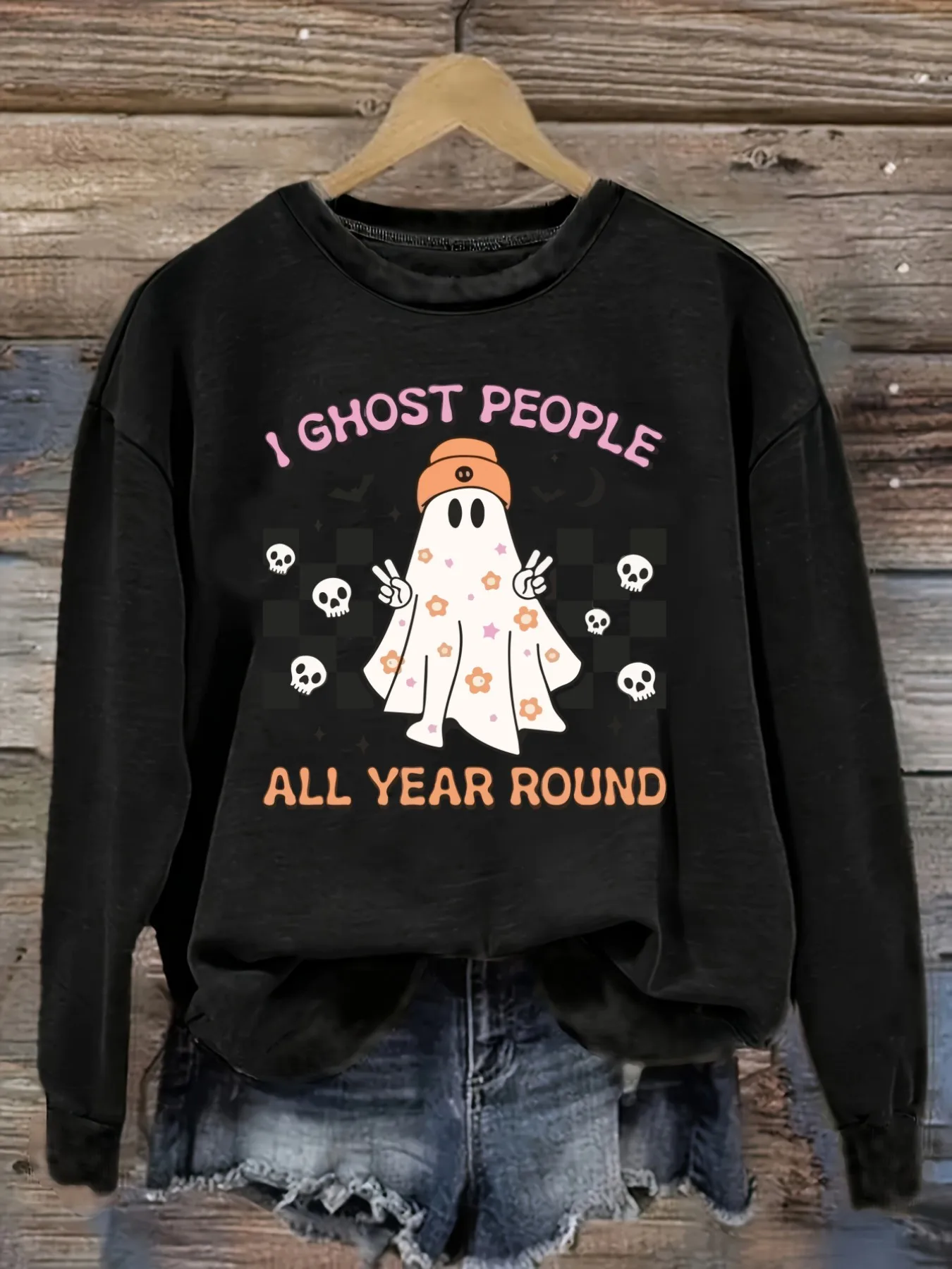 Women's Casual Long Sleeve Crew Neck T-Shirt Ghost People All Year Round Design, Round Neck Women's Clothing, Machine Washable, Slightly Elastic, Loose Fit, Spring Autumn Winter Women's T-Shirt, Halloween Costume Outfit