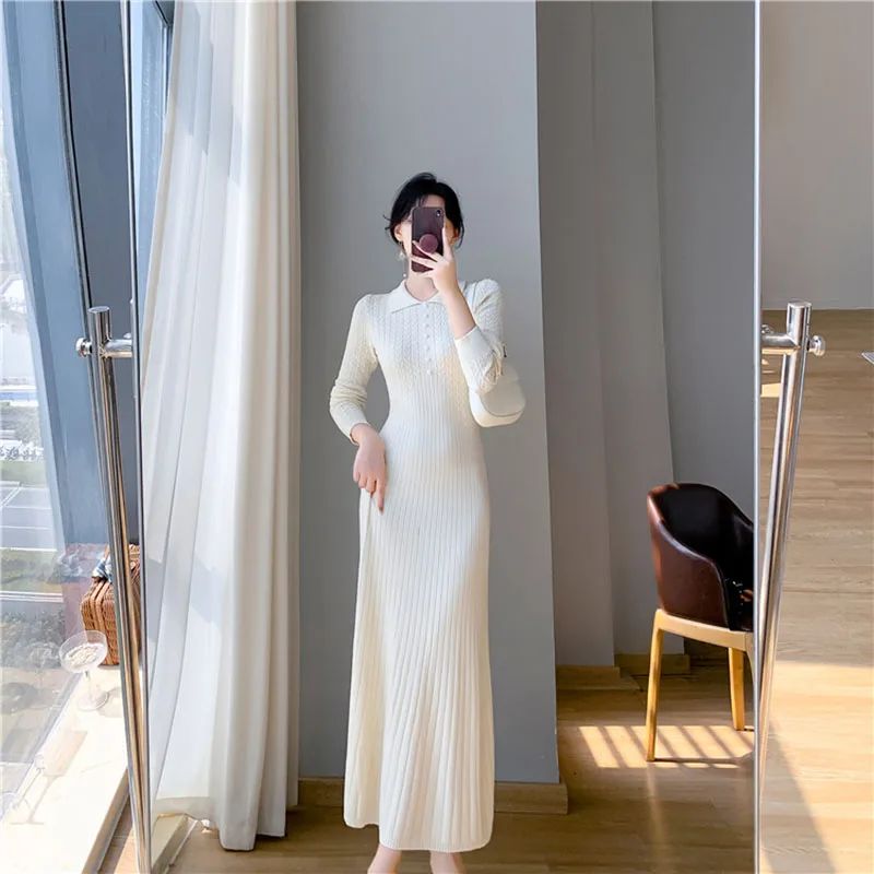 New Women Knitted Slim Dress Long Sleeve 2024Early Spring Female Sweater Midi Robes Elegant Pleated Wrapped Hip Bodycon Dresses