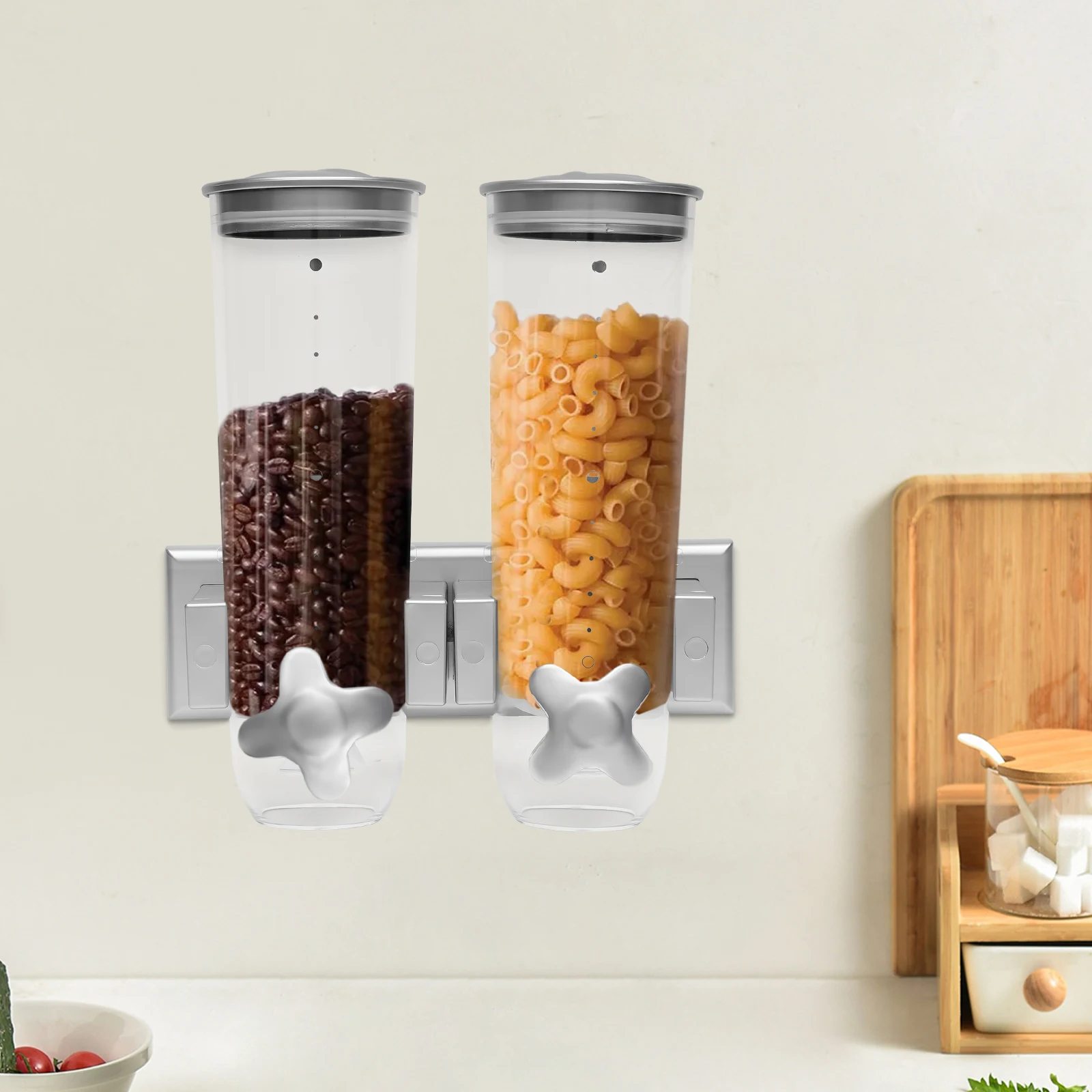 

Wall-mounted Cereal Dispenser – Dual Food Storage Container with Portion Control and Airtight Design for Kitchen Use