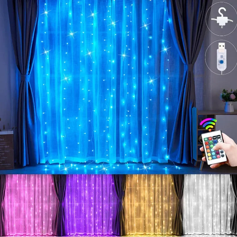 

LED Garland Curtain 16 Colors Remote Control USB LED Fairy Lights 3*3M Festoon For Wedding Christmas New Year Decor 2024