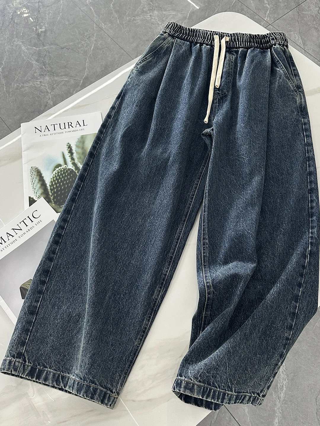 

Japanese Sle Heavyweight Waed Cotton BF Wide Leg Elastic Waist Men's Autumn Elastic Wide Leg Jeans Vintage Retro