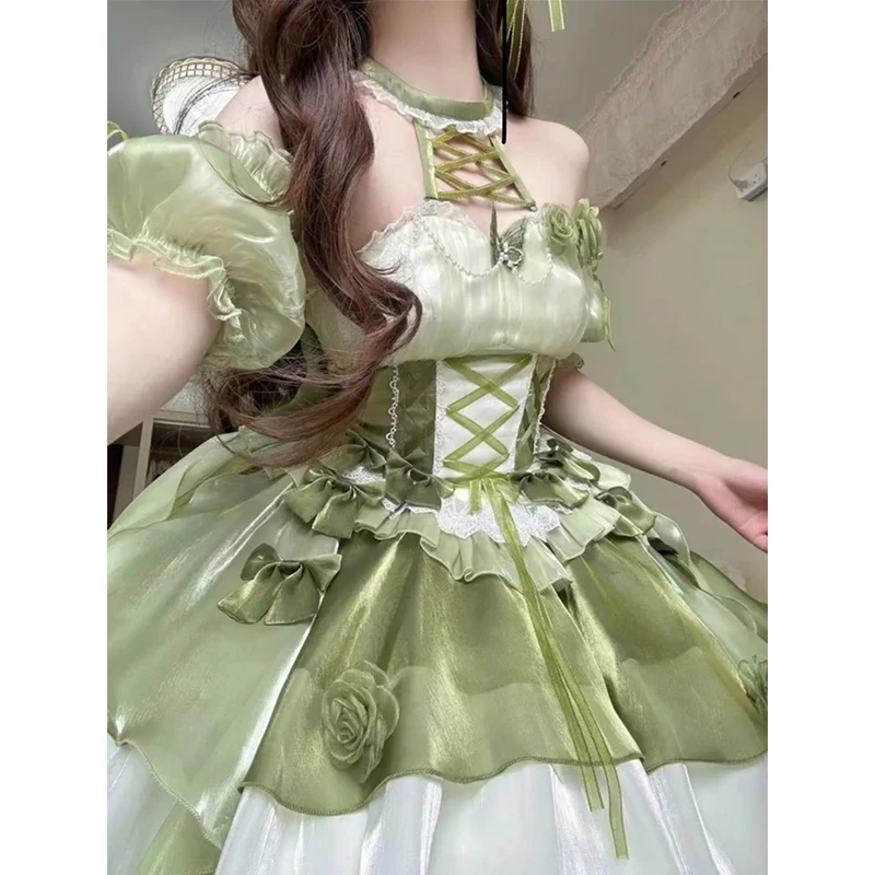 Green Lolita Neck Short Dress Womens High Waist Slim Sweet Off-The-Shoulder Princess Birthday Dress Ladies Wedding Party Dress