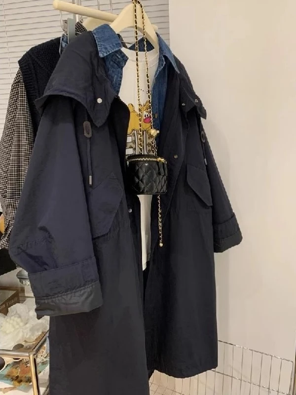 

Куртка средней длины с капюшоном, большой размер, весна-осень, британский стиль, с завязками на талии, повседневная верхняя одежда