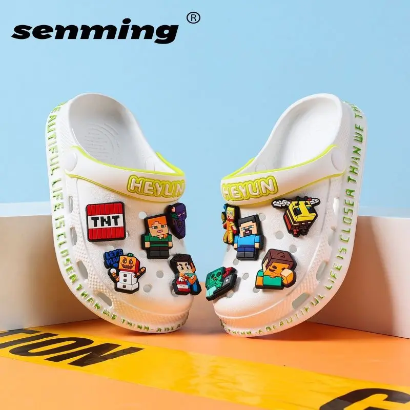 Kids Minecraft Clogs White with Pixel Game Shoe Charms Non-Slip Beach Garden Shoes Casual Slippers for Boys Girls