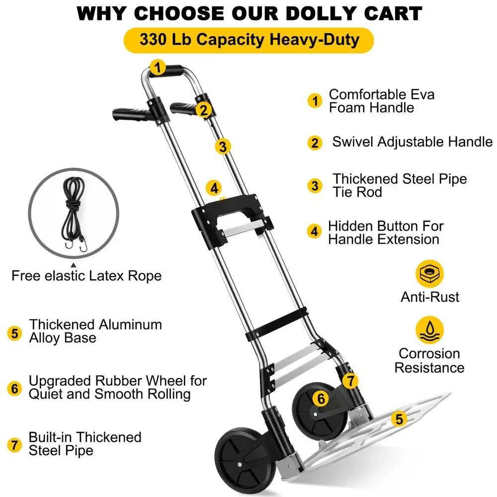 รถบรรทุกมือพับ Dolly Cart ความจุ 330 ปอนด์อลูมิเนียมแบบพกพา Telescoping Handle ยางล้อรถเข็นขนส่ง