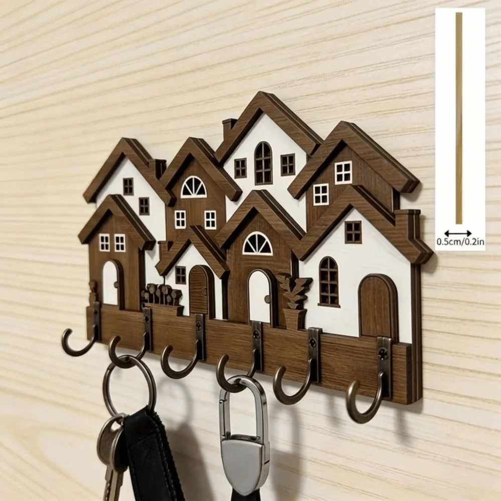 New Wood Wooden Key Holder 2D Flat Colorful Wall Key Rack Wall Mounted House Shape Decorative Key Hanger Home Wall Decor
