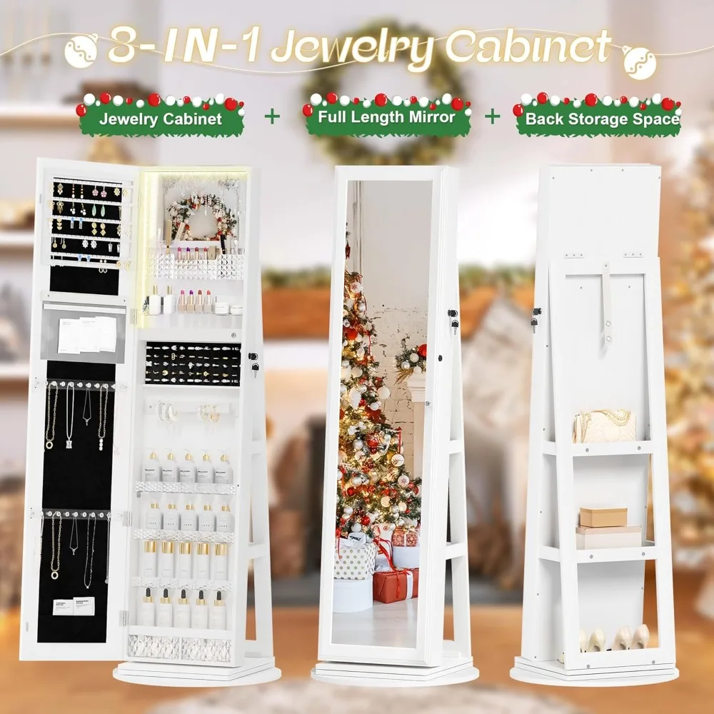 Mirror Jewelry Cabinet Standing, 360° Swivel Jewelry Armoire with 3 Color LED Lights, Lockable Jewelry Organizer