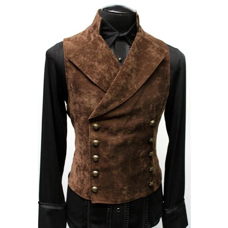 New Men\'s Standing Collar Suit Vest Double Breasted Trendy Leather Jacket Velvet Gentleman Sleeveless Top