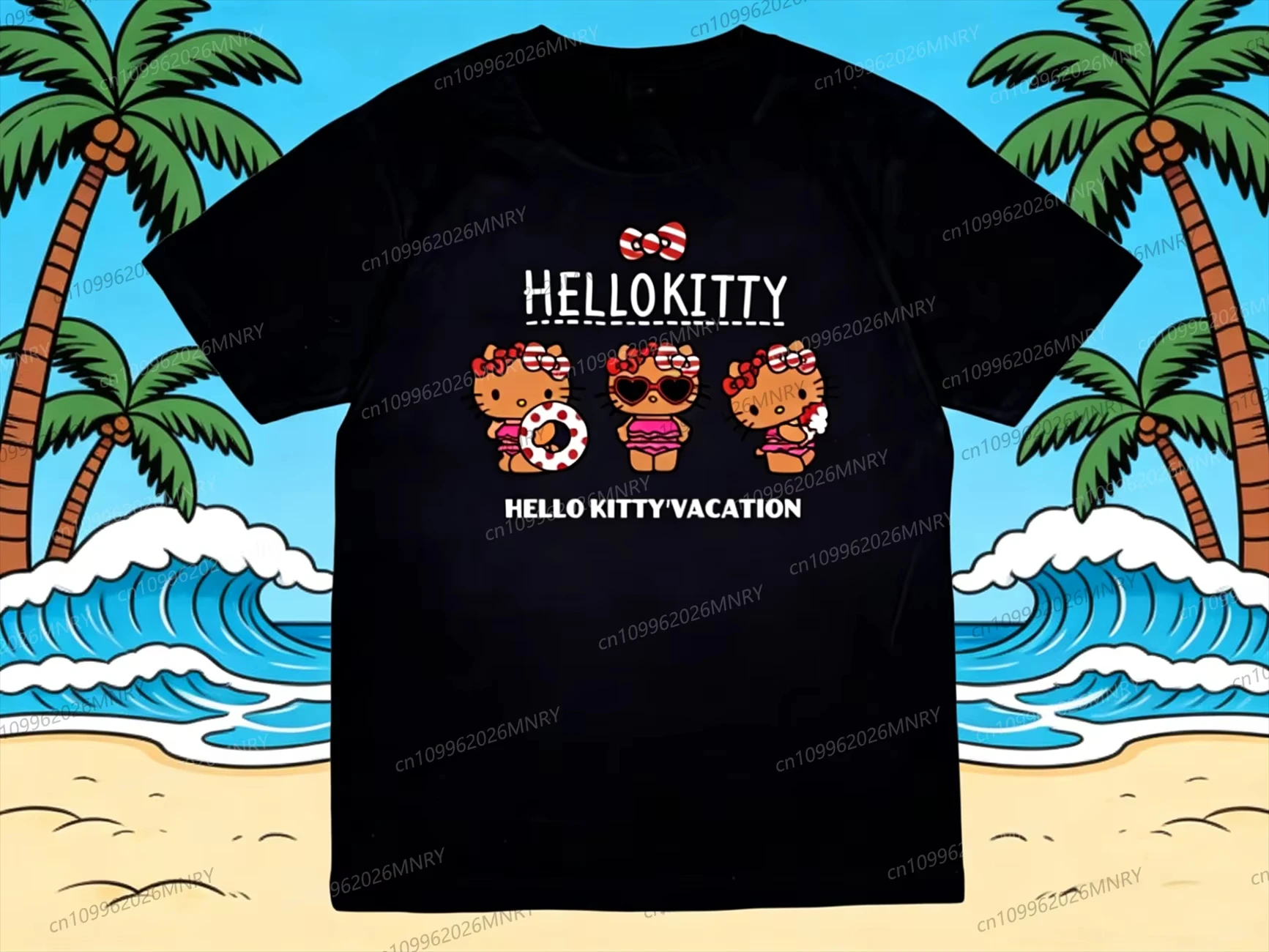 

Новая летняя женская футболка Sanrio 2026 с принтом Hello Kitty, черная, с коротким рукавом, простая, удобная, свободного кроя