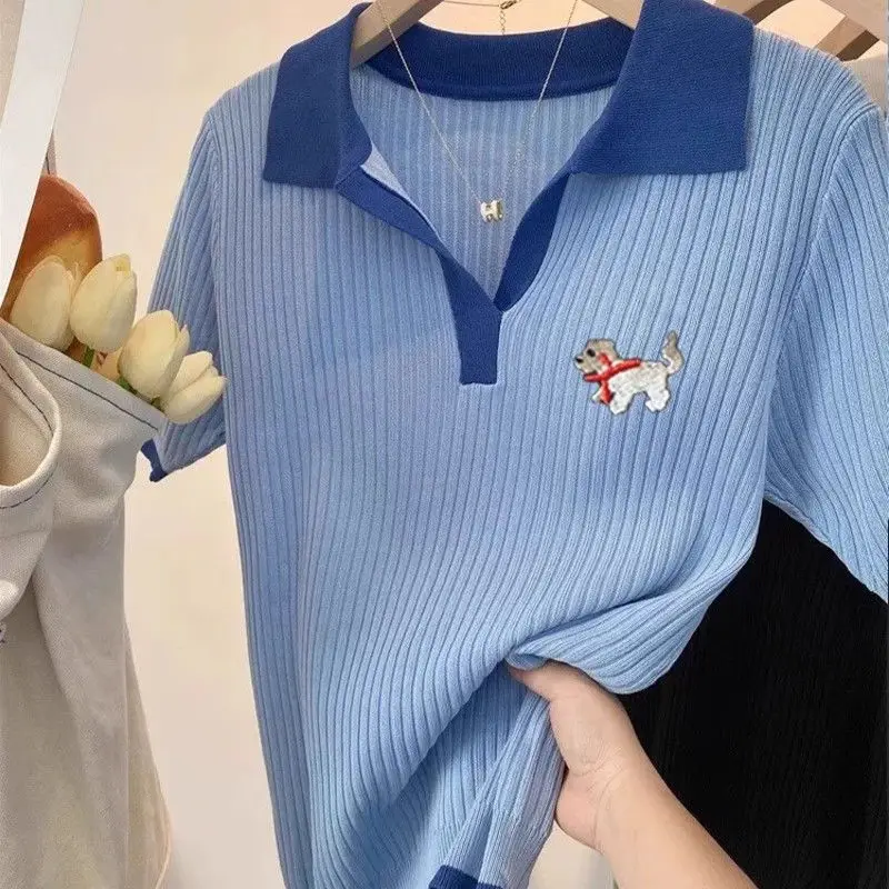 

Summer New Chic Floral Embroidery Vintage Knitted T-Shirt Women's Elastic Slim Turn-down Collar Short Sleeve Y2K Tops
