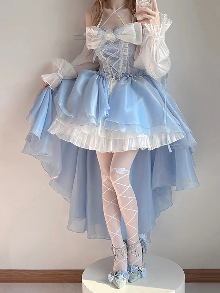 Blaue Blume Hochzeit schwere Arbeit großen Bogen Schwanz Lolita Kleider vorne kurz hinten lange süße Mädchen Rock