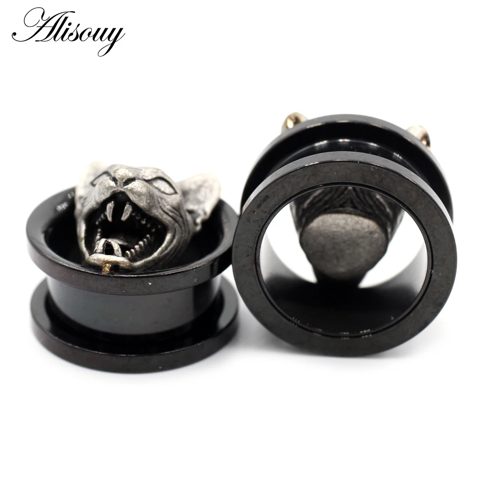 Alisouy 2PC Fashion Stainless Steel Cross Cat Head Ear Piercing Plugs Gauges Expanders Body Jewelry Ear Tunnels Stretchers