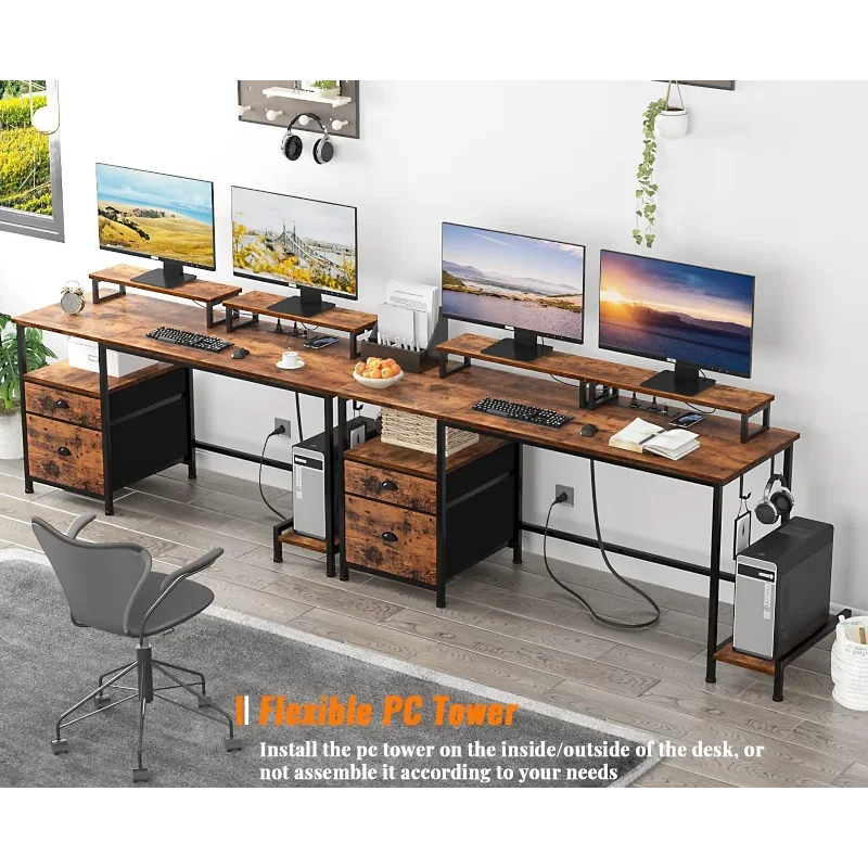 Meja Furologee dengan laci dan stopkontak listrik, 55 "meja compet besar dengan kabinet berkas kain dan 2 rak Monitor dapat dipindahkan