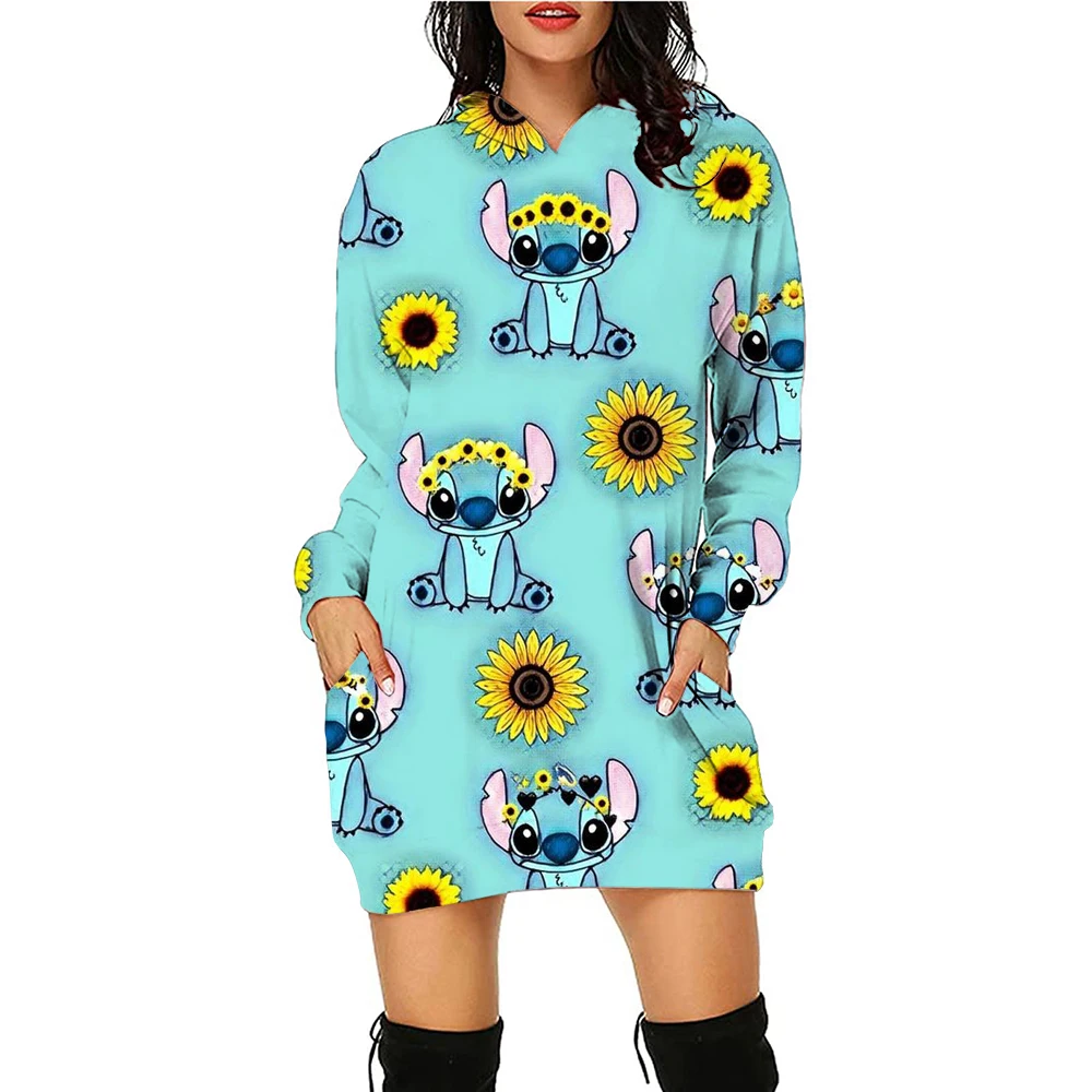 2024 Lovely Women\'s Hoodie Dress Hoodies Autumn S-3XLDisney Stitch print Series Anime Woman Clothes Kawaii Long Sleeve Y2k