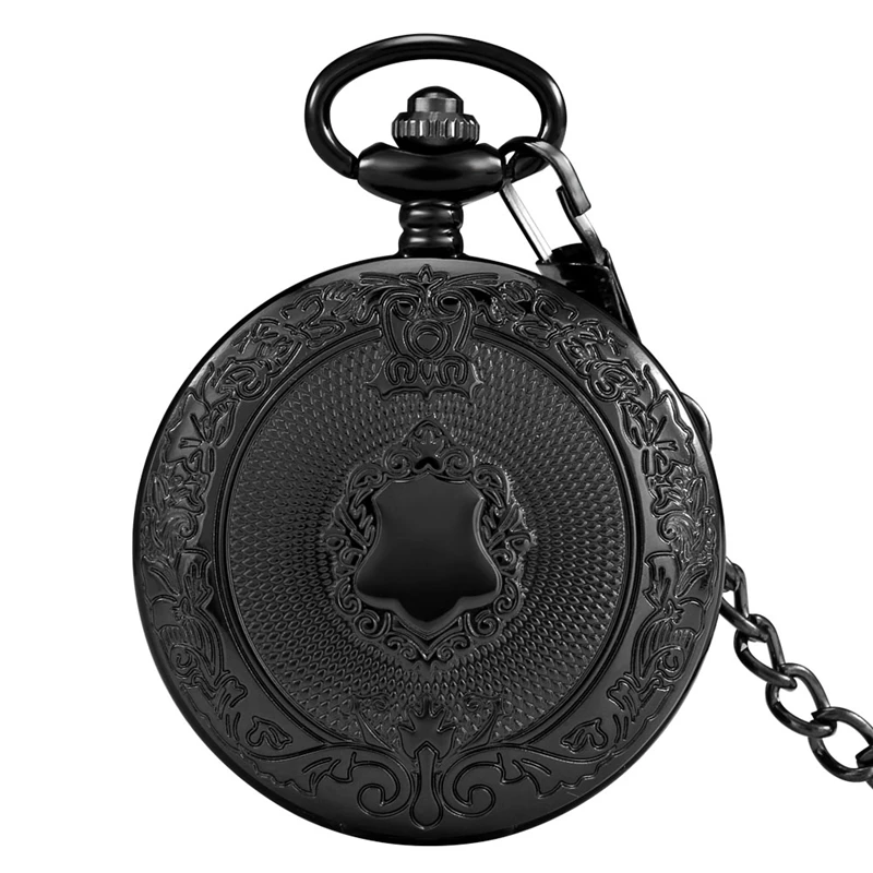 Vintage Handcrafted Carved Shield Design Gentleman's Waistcoat Quartz Pocket Watch Steampunk Clock for Men with Waist Hook Chain