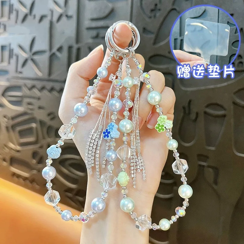 

Crystal Phone Lanyard Sweet Flower Bead Wrist Chain For Phone Cases Key Bags Pendants Wrist Strap Charm Chain Rope