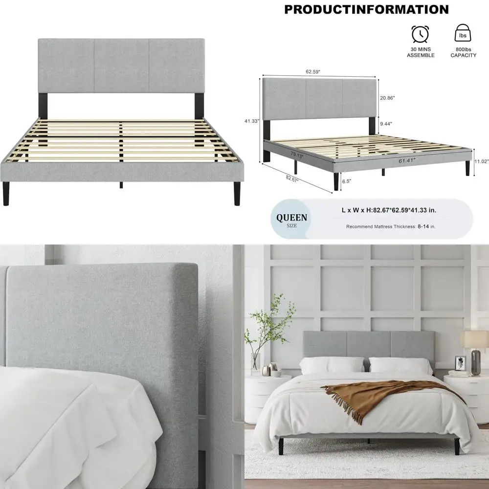

Gray Queen Upholstered Bed, Wood Slats, No Box Spring, Silent, Easy Assembly