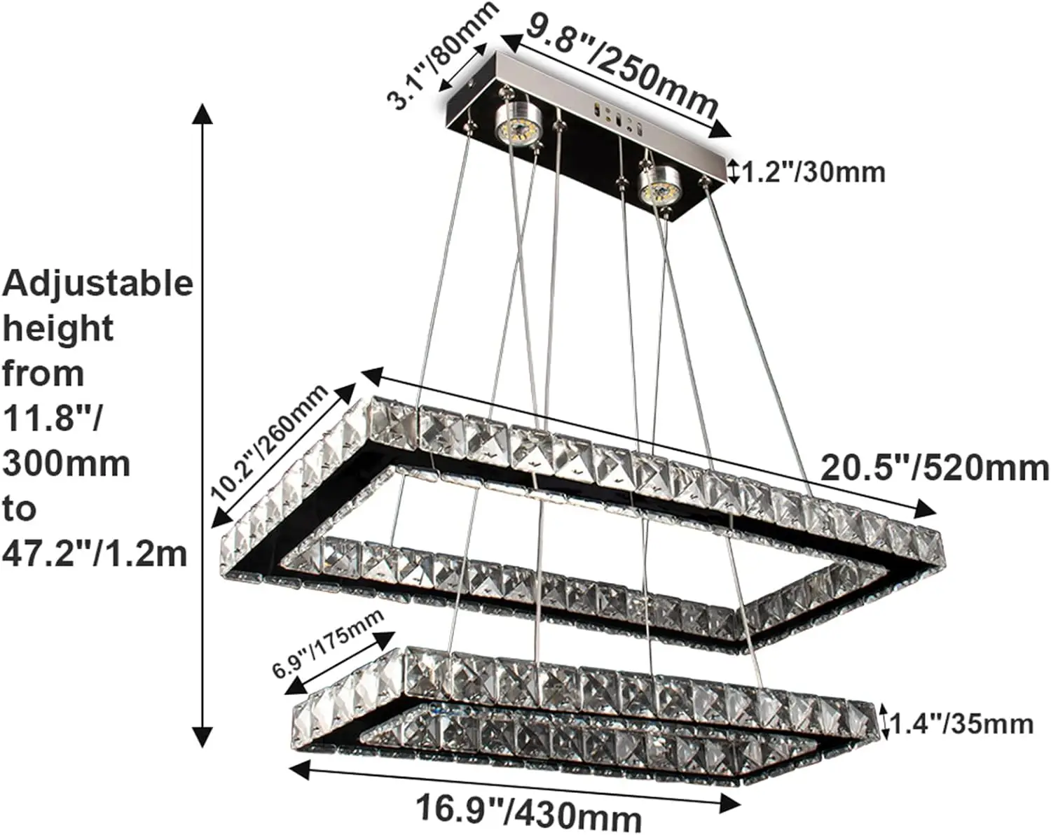Dimmable Crystal Chandelier, Modern Rectangular 2 Ring LED Pendant Light with Remote & App Control, 20.5