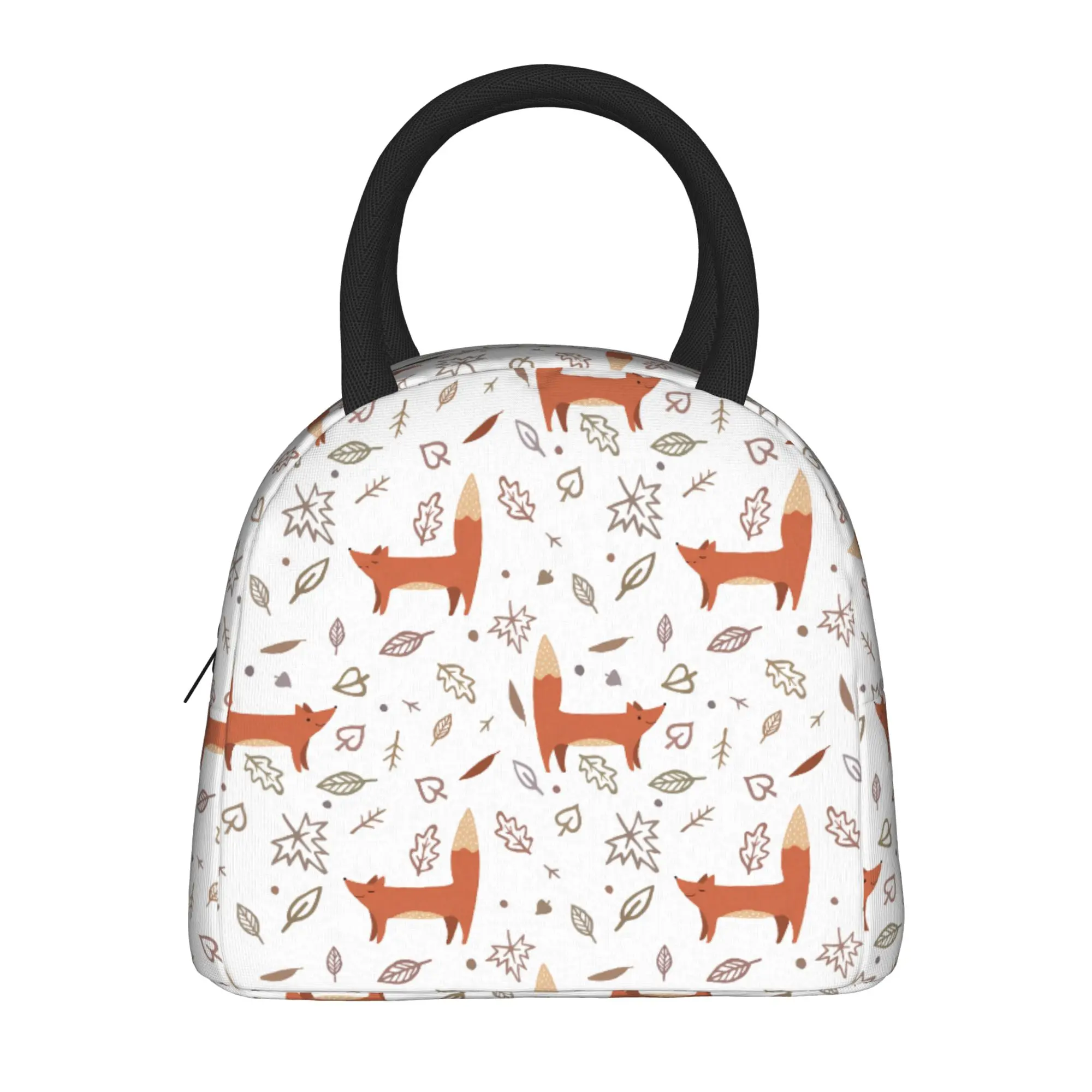 Cute Foxes Minimalist Autumn Leaves Pattern Lunch Bag For Women  Print Lunch Box Cooler Bag Portable Zipper Thermal Lunch Bags