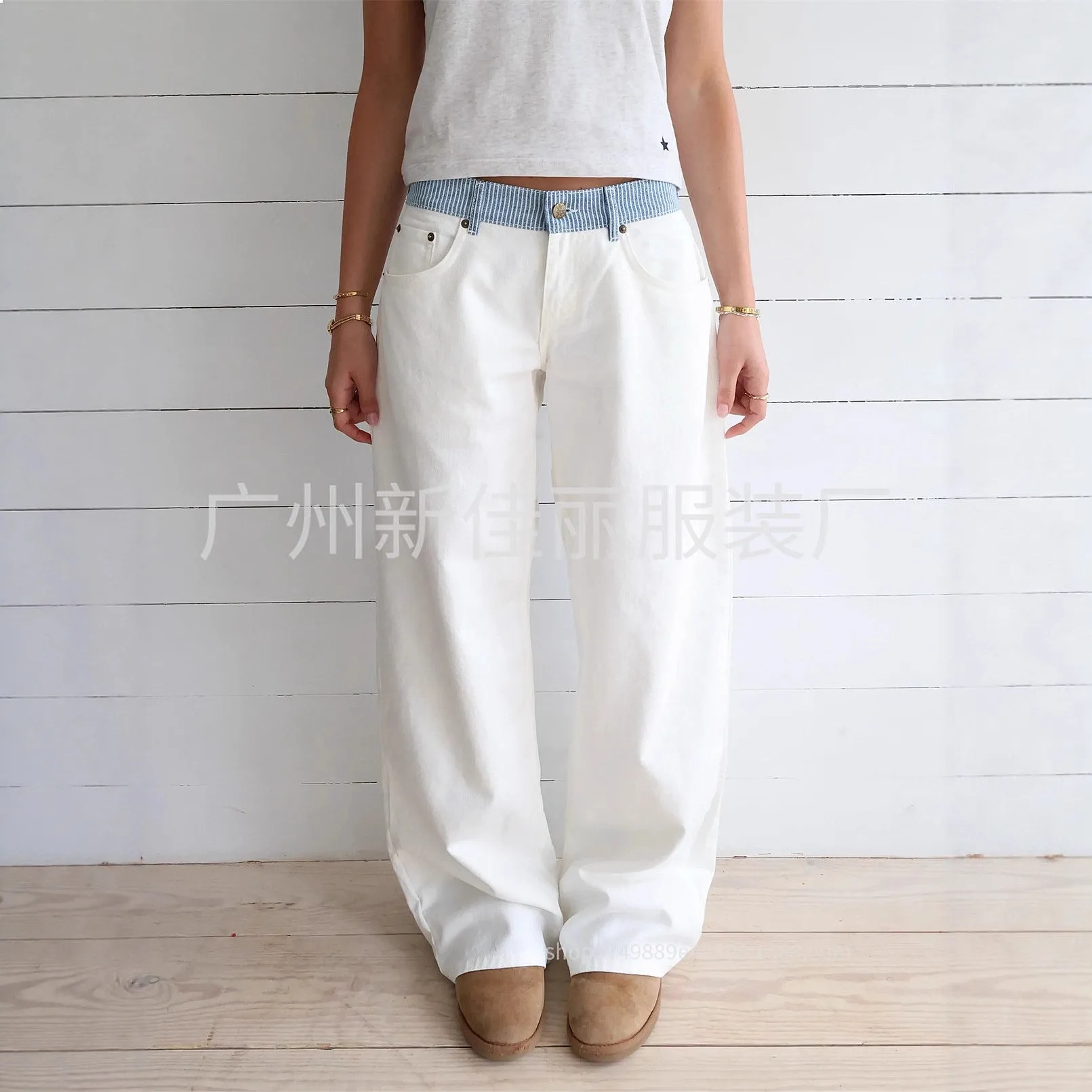 Spring Summer Contrast Letter Webbing Trim Straight Casual Pants Denim Jeans