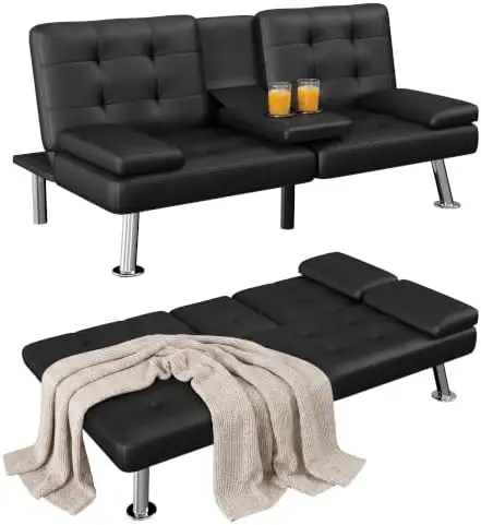 Futon Sofa Bed, Leather Futon Couch with Removable Armrests, Adjustable Recliner Sleeper Sofa Bed with Dual Cup Holders
