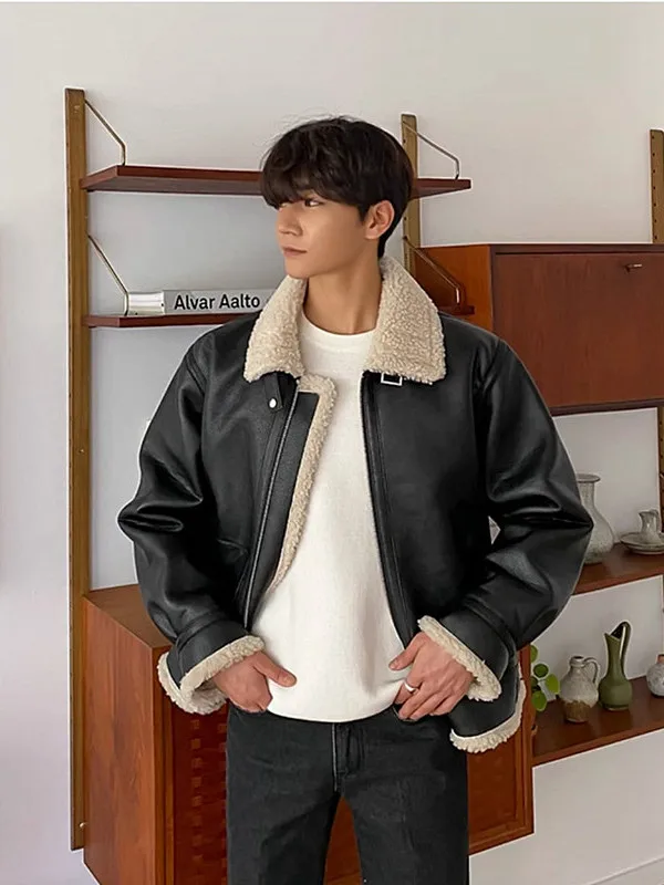 Warm Fleece Lined Men's B3 Flight Jacket Leather And Fur Integrated Autumn Winter High End Fashion Outerwear Standard Fit Zip...