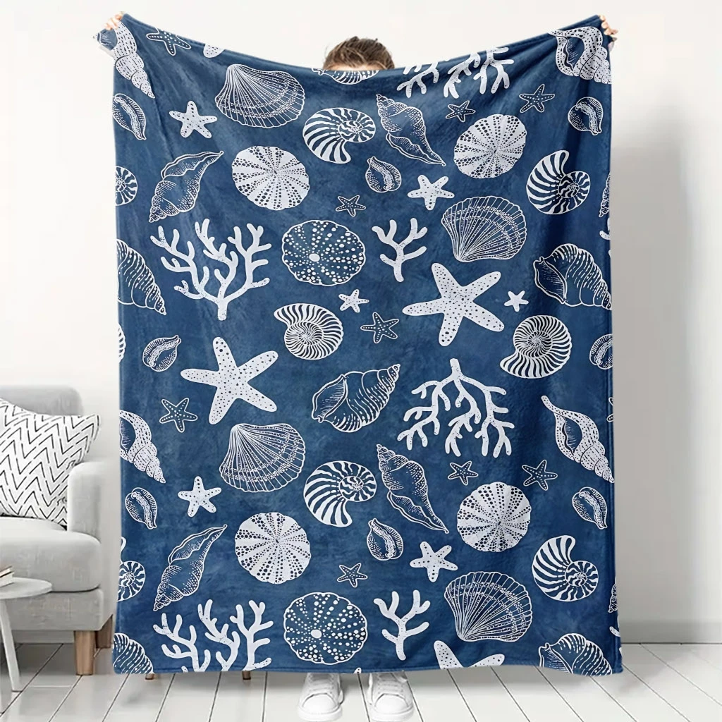 Coastal Ocean Nautical Throw Blanket Navy Blue Sea Life Coral Pattern Beach Decorative Cozy Lap Blanket