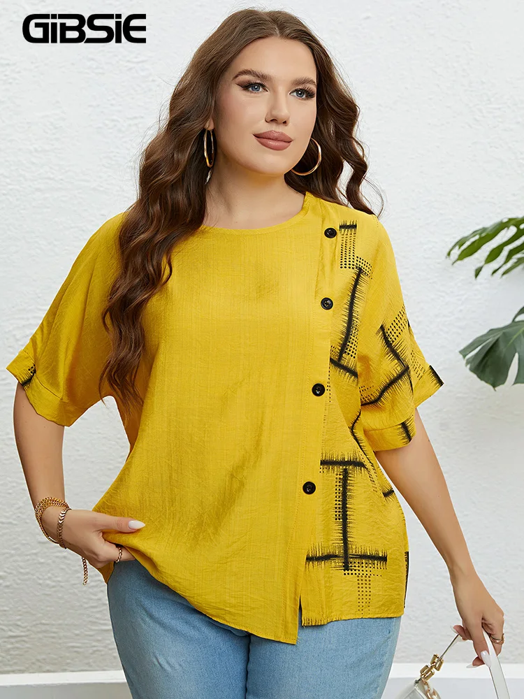 Gibsie Plus Size Casual Print Knoop Voorkant Vrouwen T-Shirt 2024 Nieuwe Zomer Koreaanse Mode Halve Mouw Dames O-hals T-Shirts Tops