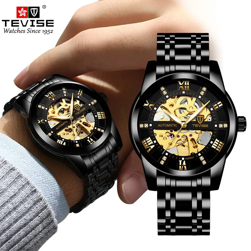 2024 Fashion Tevise Automatic Skeleton Full Stainless Steel Diamond Scale Luminous Hands Mechanical Male Clock Classic Watches