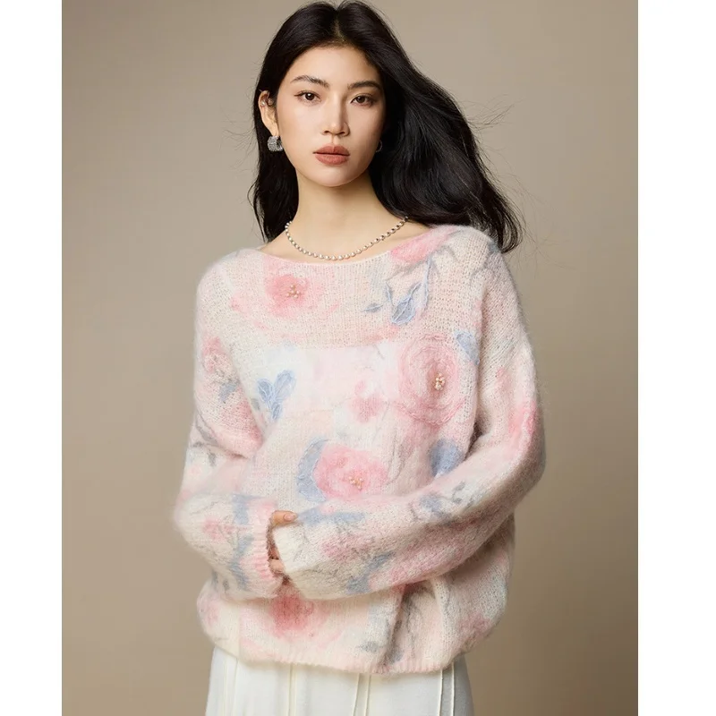 Suéter feminino de lã mohair outono inverno coreano 30% mohair 27% lã floral miçangas pulôveres, tops
