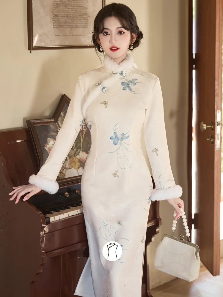 

Новая китайская утепленная куртка с флисовой подкладкой, рисово-белая, с длинными рукавами, с цветочным узором, теплая, элегантная, высокого качества, для молодых женщин.