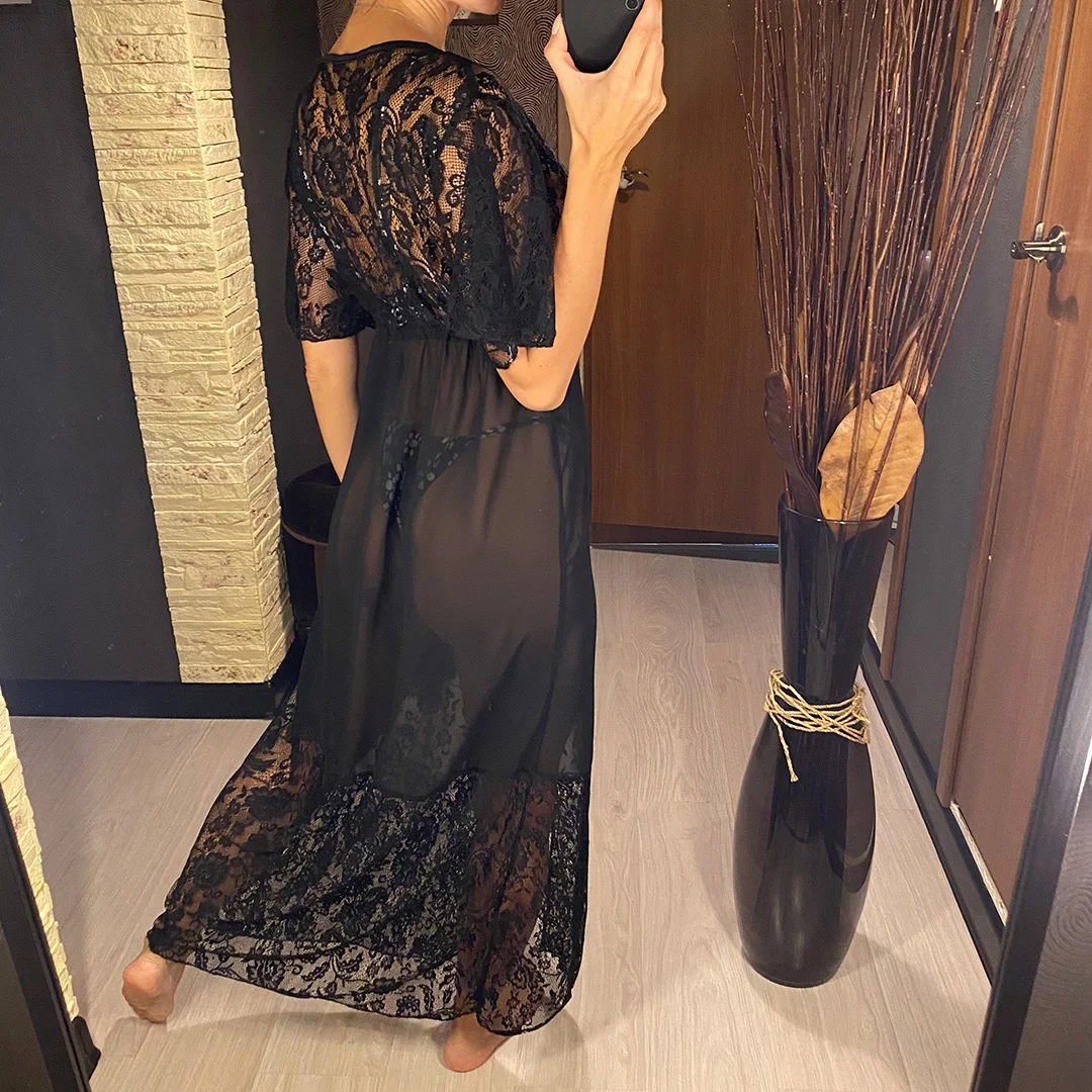 2026 Neues transparentes Netzstoff-Tunika mit Häkelspitze, Strand-Cover-up, langes Strandkleid, Strandmode, Damenbekleidung V3917 – Detail 5