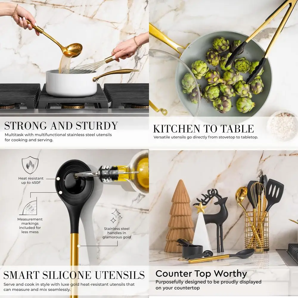 

7-Piece Silicone Kitchen Utensil Set with Gold Holder for Nonstick Cookware and Modern Kitchens - Stylish Luxury Cooking Tools