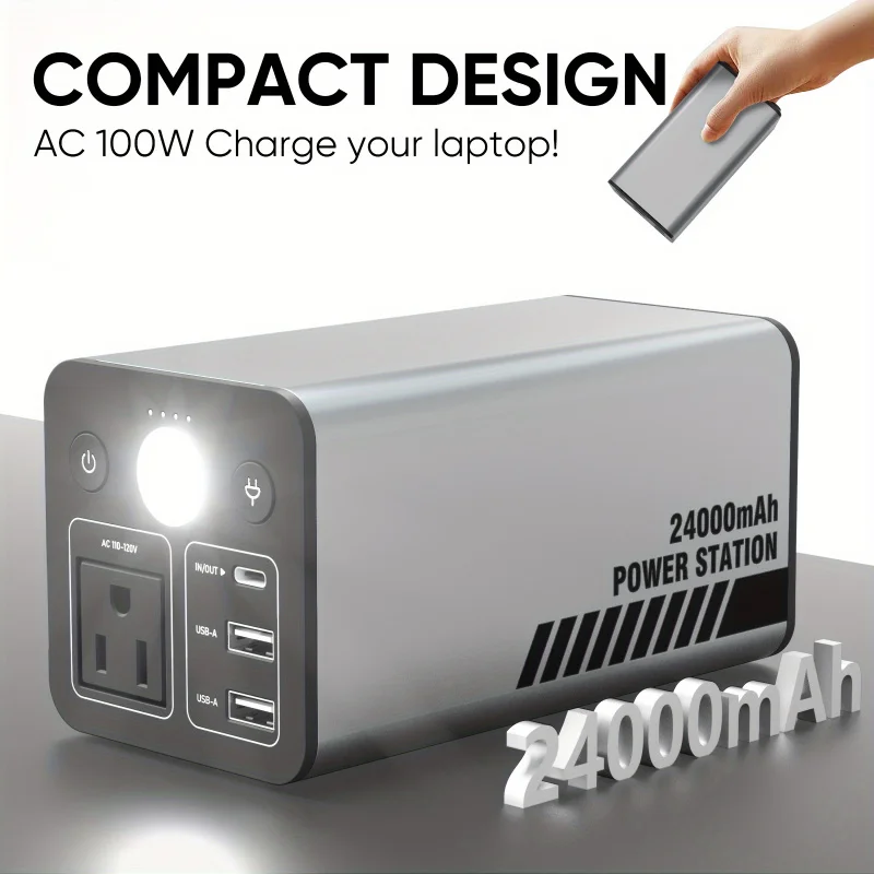 100W Portable Power Station, 24000mAh/88.8Wh Portable Power Bank With AC Outlet, 110V 100W AC Power Bank, Portable Laptop Batter