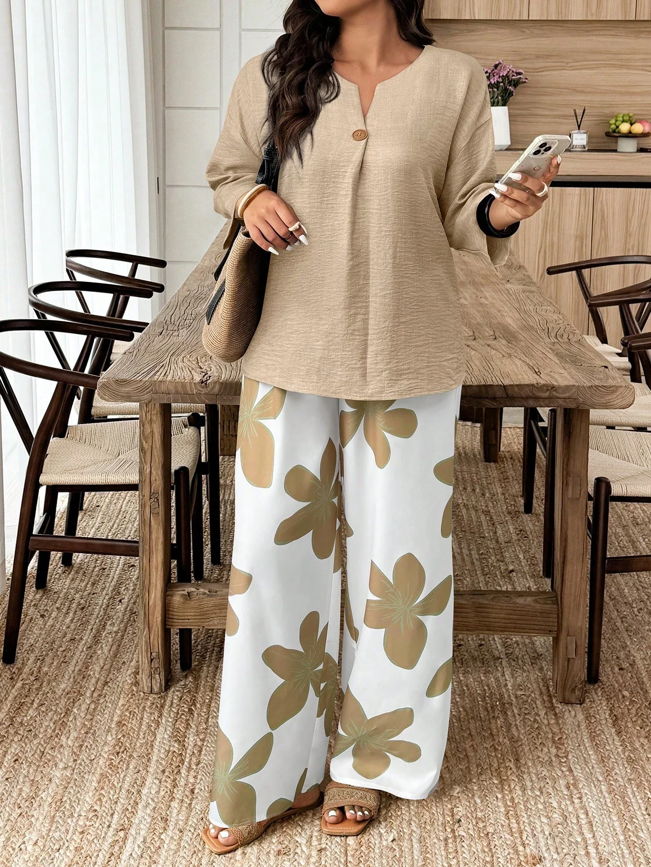 

2 Pieces Casual Long Sleeve Shirt And Floral Wide Leg Pants Set