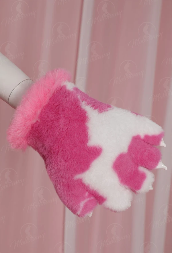 Mobbunny Women Pink Tie-dye Furry Paw Gloves Milk Cow Cosplay Lingerie Accessory