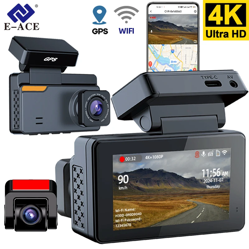 4K Dash Cam Car DVR Support WIFI GPS 4K Front And 1080P Rear Rear Camera Dual Lens Night Vision Video Recorder Black Box