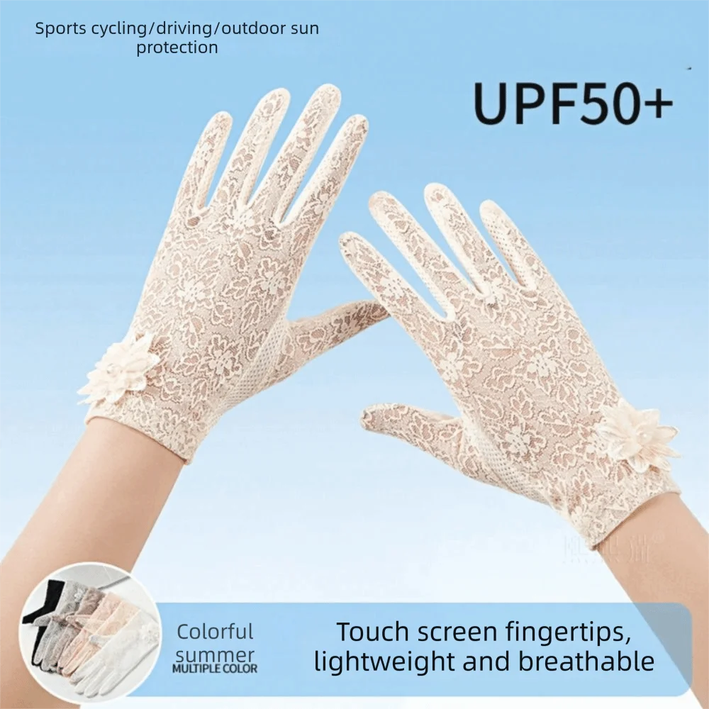

Anti-skid Women Sun Protection Gloves Lace Thin Material Ice Silk Lace Gloves Breathable Full-finger Design