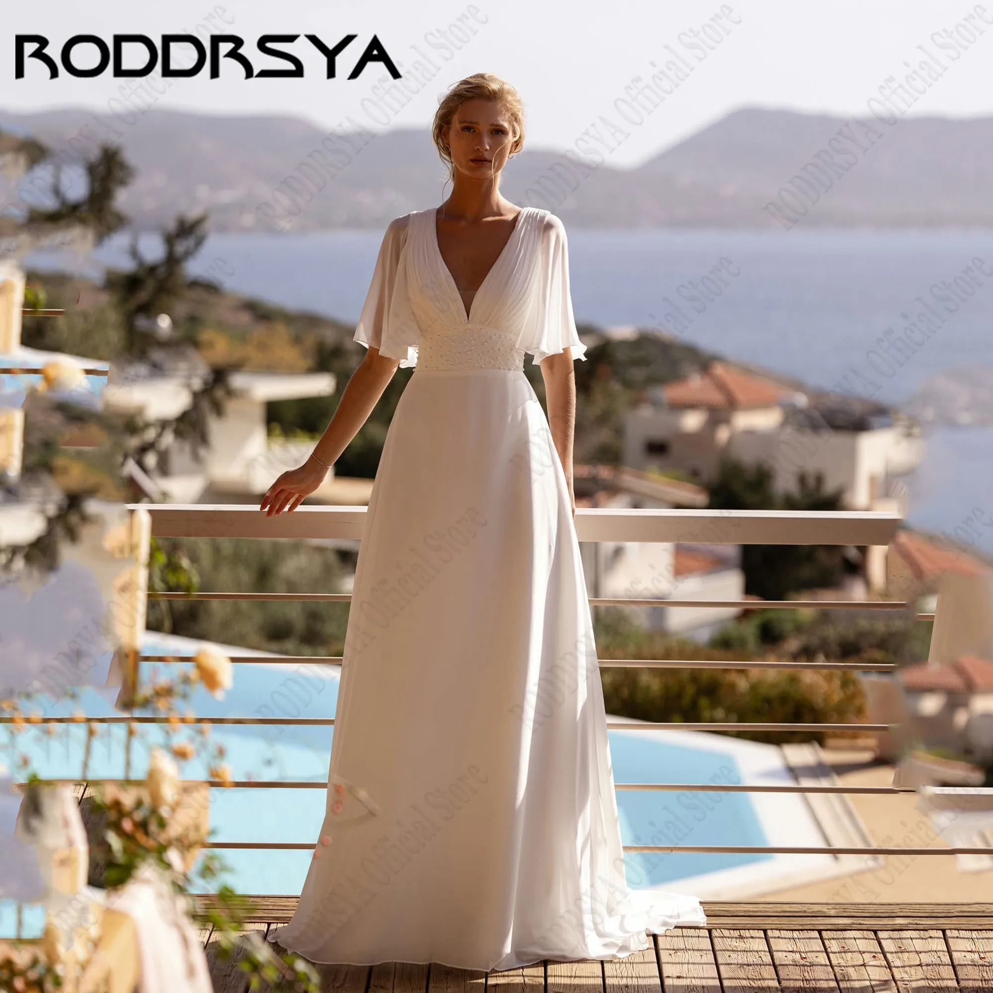 

RODDRSYA Chiffon V-Neck Wedding Dresses Boho A-Line Batwing Sleeve Bride Gowns With Pearls Backless vestidos de novia Customized