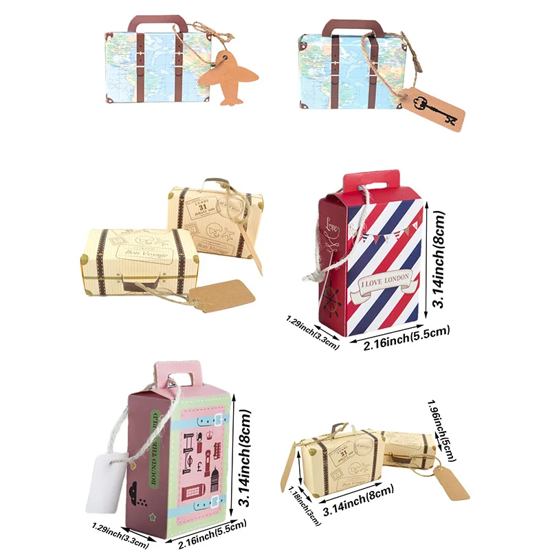 10/20/30CS Min Map Travel Suitcase Favor Candy Gift Box Kraft Paper Tags Rope For Guest Baby Shower Boxes Wedding Party Decor