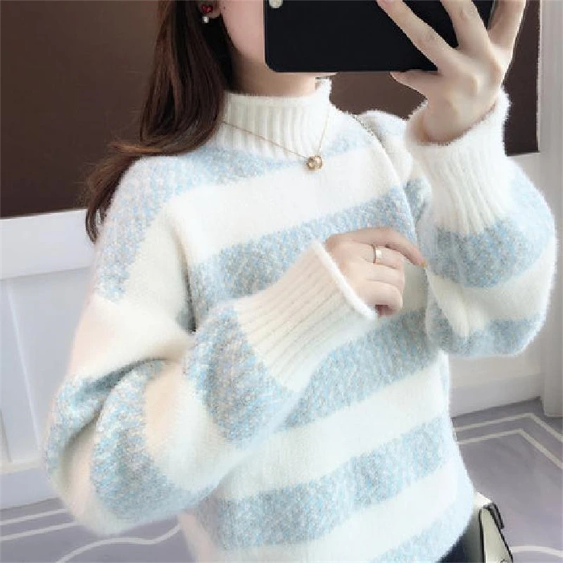 Women Trendy Striped Casual Streetwear High Collar Thick Soft Knitted Sweater 2023 Autumn Winter Long Sleeve Loose Pullover Tops