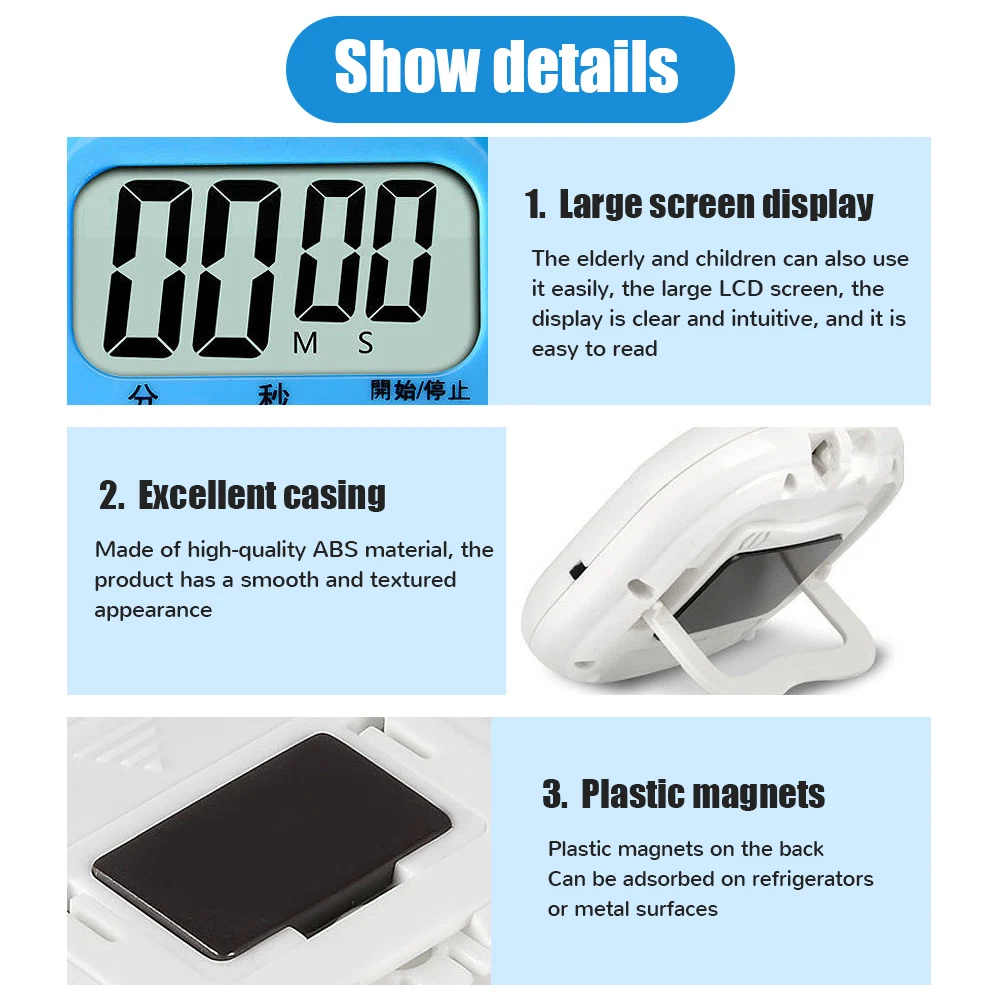 Magnetic LCD Digital Kitchen Countdown Timer Stopwatch with Stand Practical Cooking Baking Sports Alarm Clock Reminder Tools