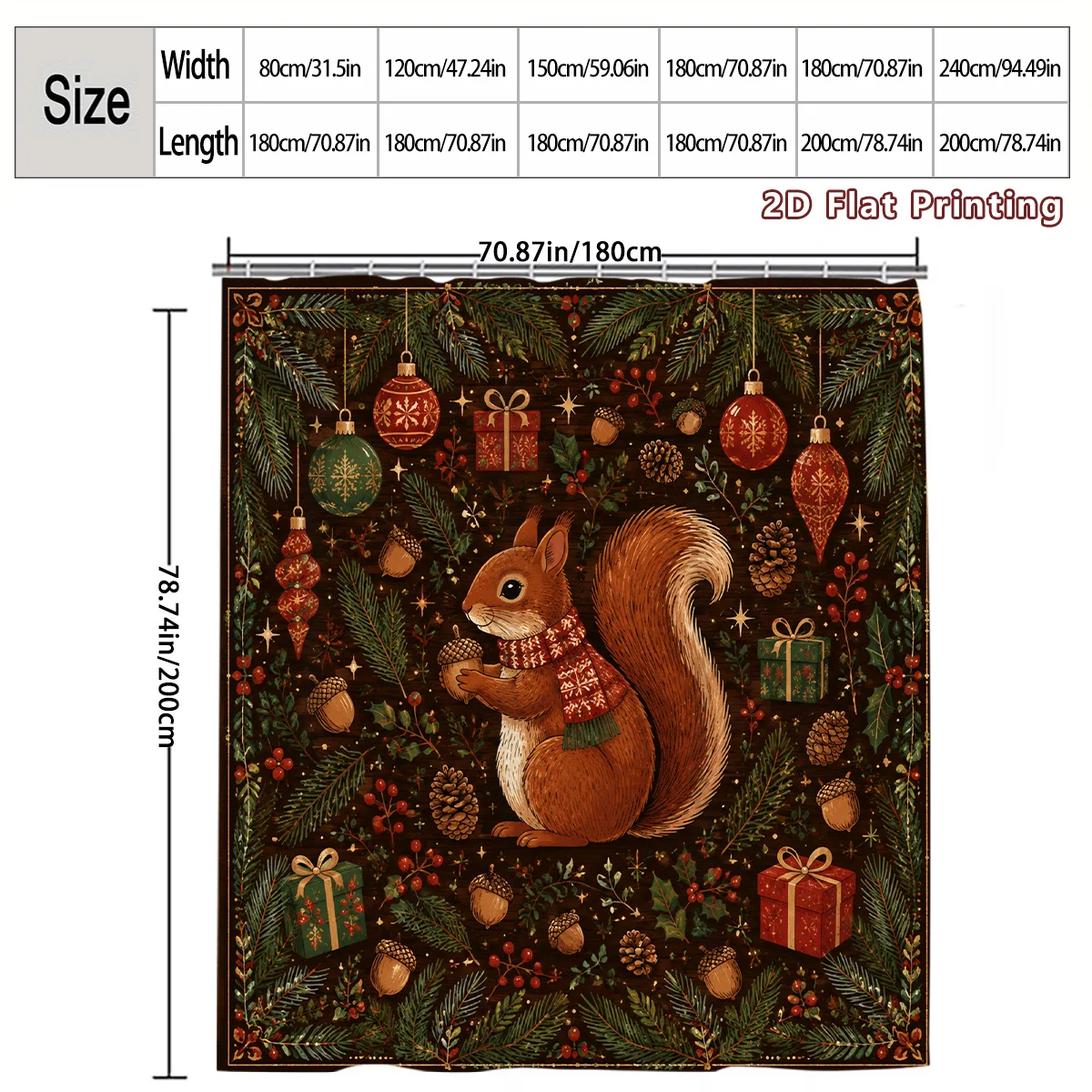 Rustic Autumn Squirrel Forest Christmas Shower Curtain Holiday Decor Woodland Animal Print Bathroom Curtain